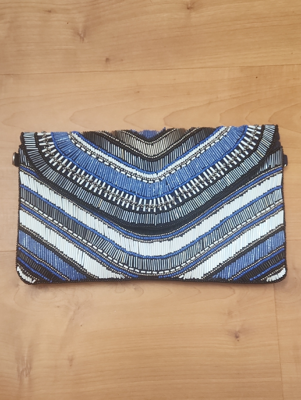 Beaded Blue, White & Blue Chevron Evening Clutch
